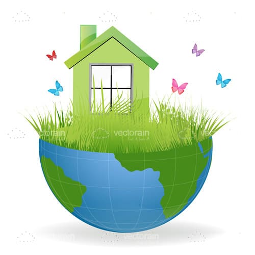 Half Earth Globe with Grass, House and Butterflies